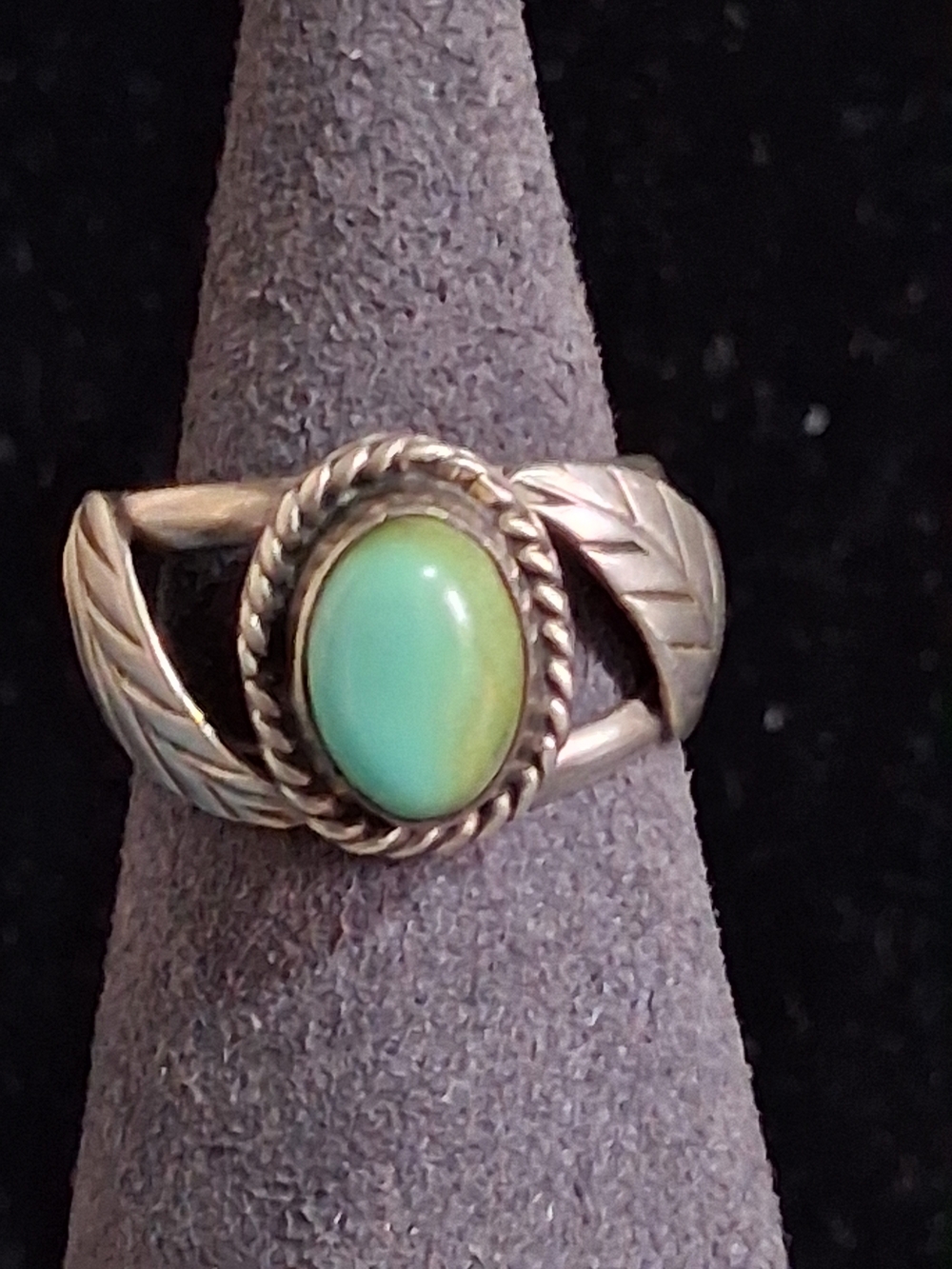 Vintage Navajo Sterling Silver Oval Green Blue Turquoise Feather Ring Sz 6